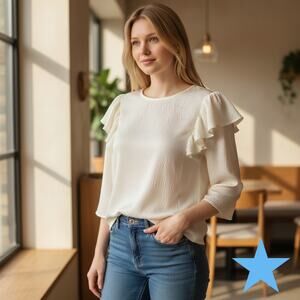 REBECCA TAYLOR Pebbled Silk Woman 3/4 SLEEVE RUFFLE VANILLA Ivory BLOUSE 0 XS 2